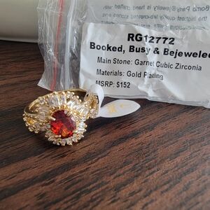 Gold-Plated Garnet CZ Halo Ring - Booked, Busy & Bejeweled